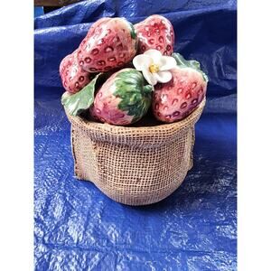 Gumps Porcelain Strawberries Burlap Bag Sack Centerpiece Display Italian Pottery